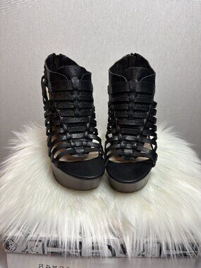 Black Bamboo Wedge Sandals, Size 8.5, Strappy Platform Heels